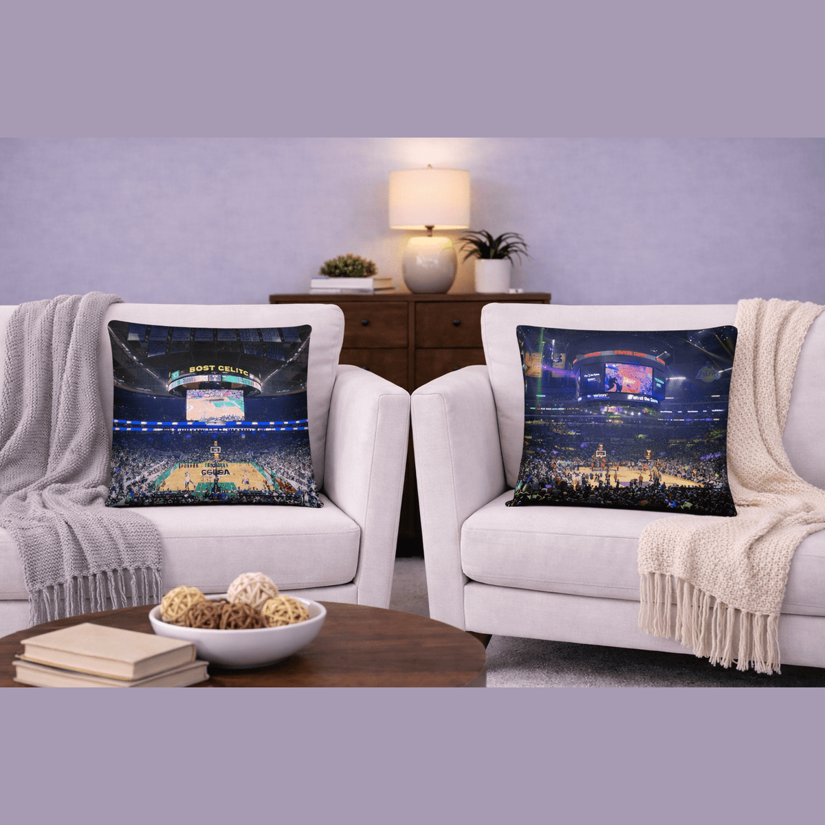 House - Divided Boston Celtics vs Los Angeles Lakers Pillow - Stadium Vagabond