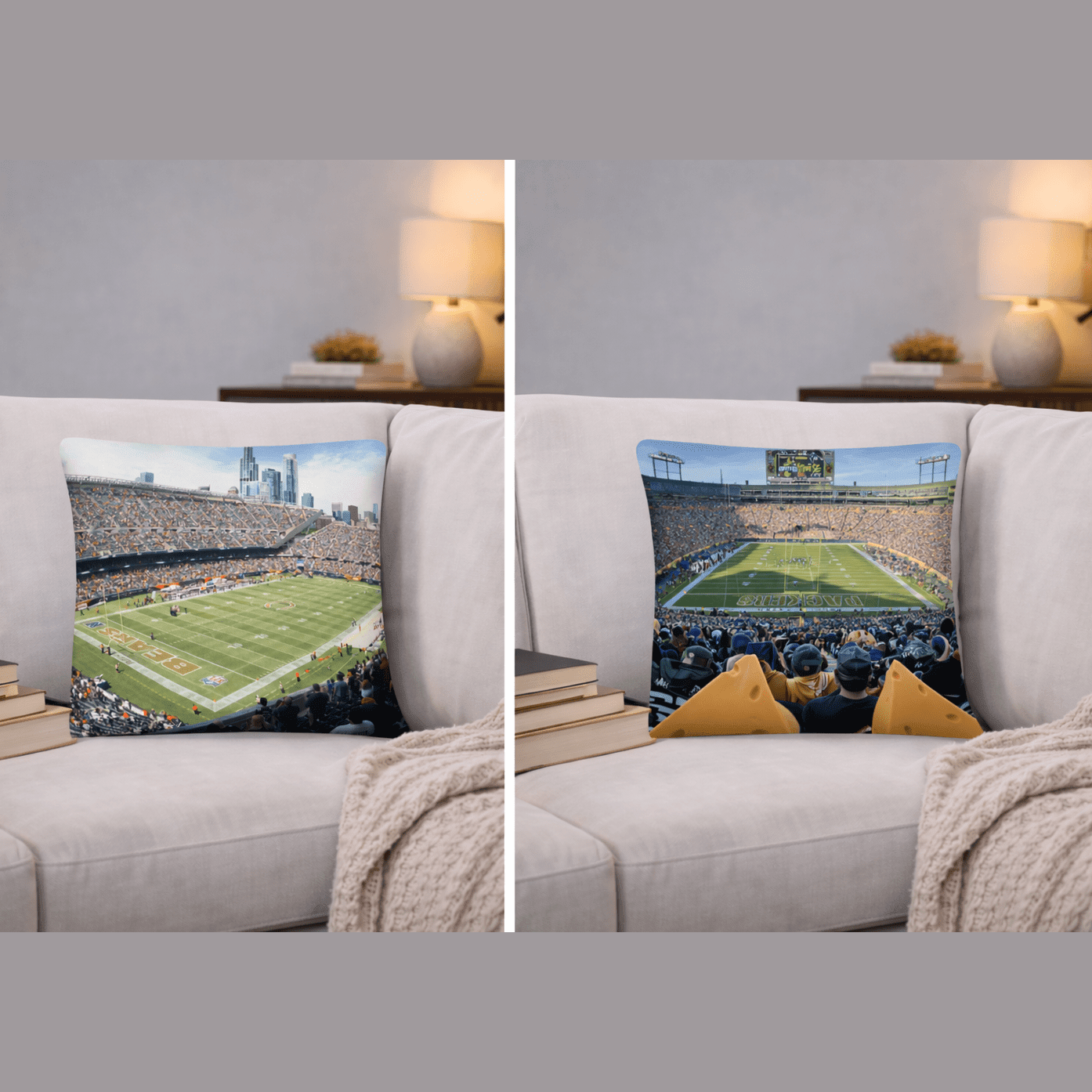 House - Divided Chicago Bears and Green Bay Packers Pillow - Stadium Vagabond