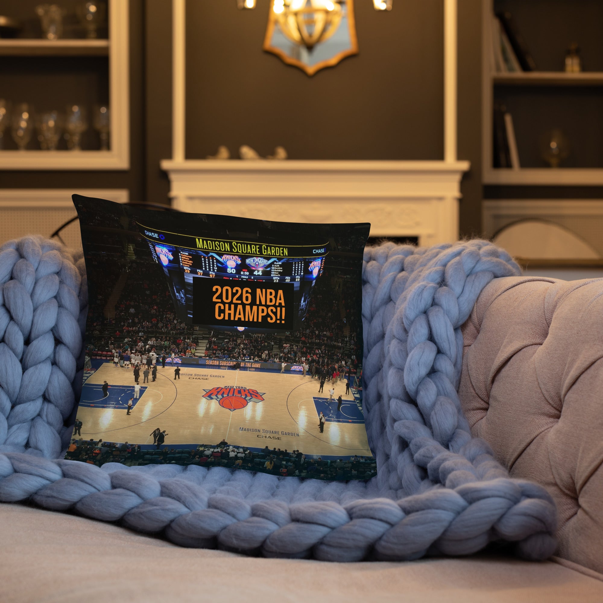 New York Knicks Pillow - NBA CHAMPS ON SCOREBOARD! - Stadium Vagabond