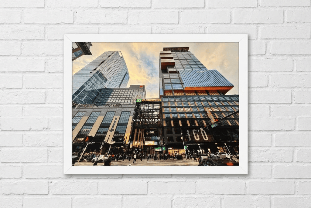 TD Garden framed poster in a white frame on a white brick wall