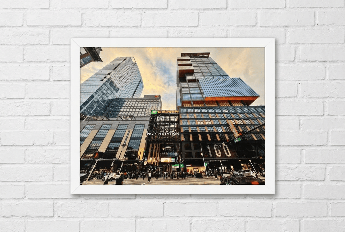 TD Garden framed poster in a white frame on a white brick wall