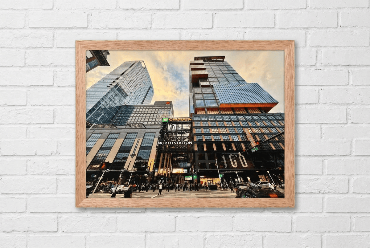 TD Garden framed poster in a red oak frame on a white brick wall