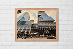 TD Garden framed poster in a red oak frame on a white brick wall